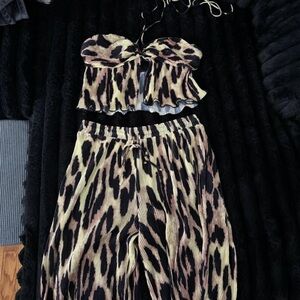 Fashion Nova Leopard-Print Wide Leg Pants in Brown and Cream